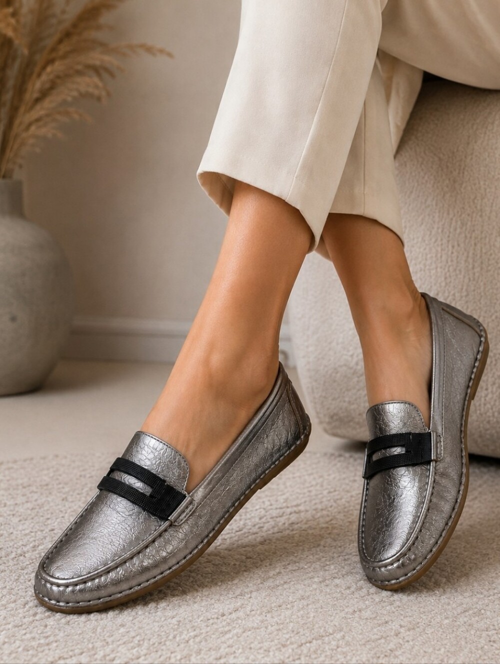Brunello Cucinelli Metallic Leather Loafers Monili Detail Size 41 Made in Italy